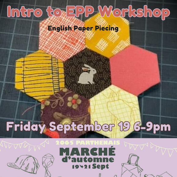 Promotional flyer for an English Paper Piecing workshop with fabric pieces on a cutting mat.